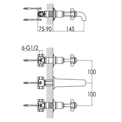 Gold Traditional Basin Mixer Tap - Technical Drawing