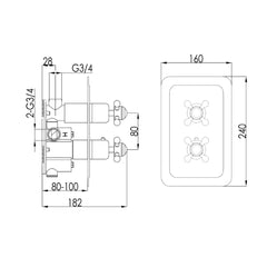 Thermostatic concealed 2 outlet shower valve - Technical drawing