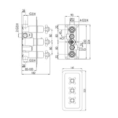 Gold 2 outlet shower valve - Technical drawing