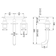 Modern bathroom sink mixer tap - Technical drawing