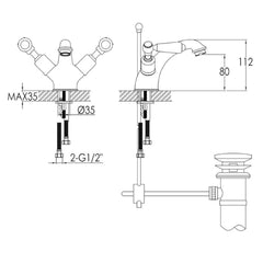 Nickel deck-mounted basin tap with waste - Technical drawing