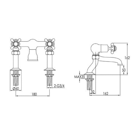 deck mounted bath fillers technical drawing -Tapron