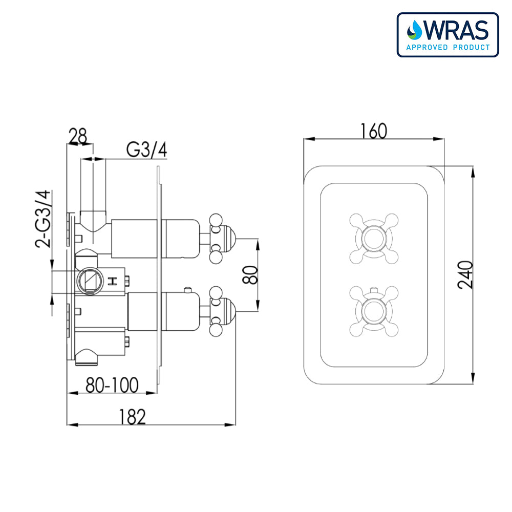 Crosshead 2-outlet thermostatic shower valve