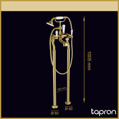 Brass floor-mounted bath mixer tap with shower kit - Dimension