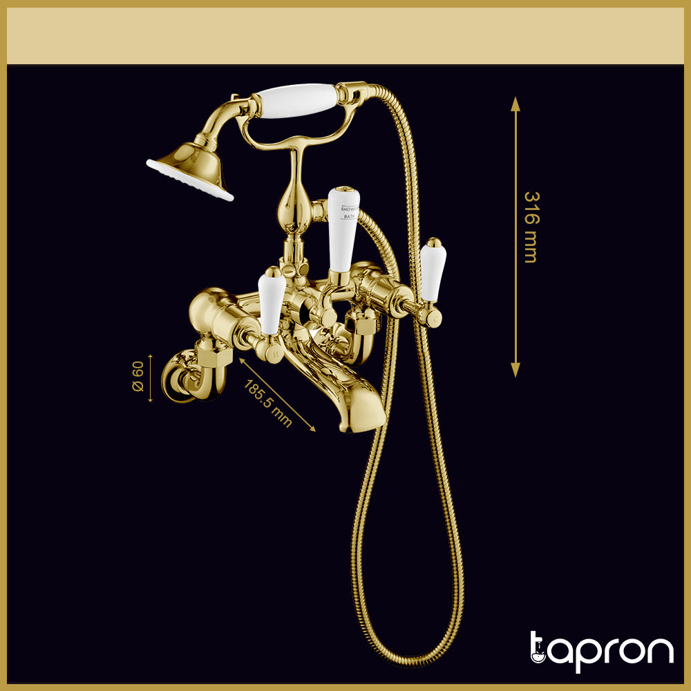 Gold Wall Mounted Bath Shower Mixer Tap with Kit-Tapron