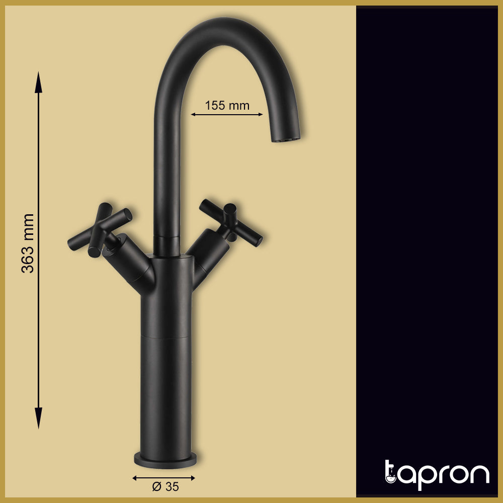 Deck Mounted Black Tall Basin Mixer Tap Swivel Spout - Tapron