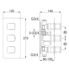 Thermostatic Concealed 2 Outlet Shower Valve - Horizontal Technical Drawing