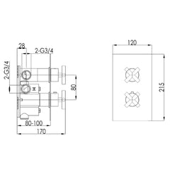 Thermostatic Concealed 2 Outlet Shower Valve technical drawing Tapron