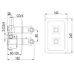 Crosshead Single Outlet Concealed Thermostatic Shower Valve -Technical Drawing