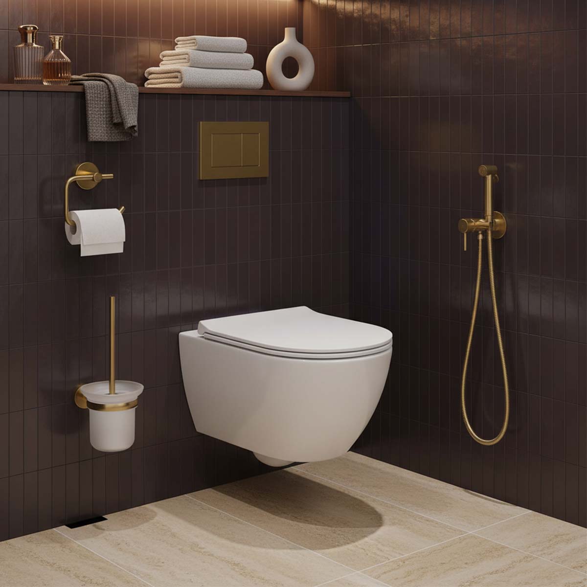 Toilet Roll Holder and Toilet Brush Holder with Brush Set - Brushed Brass