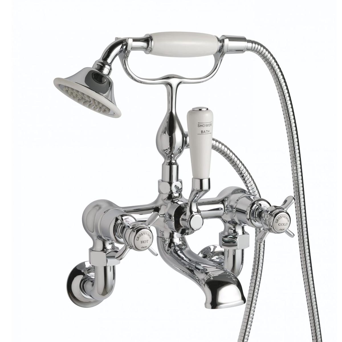 Traditional Bath Shower Mixer Wall Mounted with Kit Pinch Handles - Chrome in Ireland