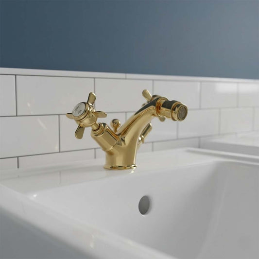 Traditional Bidet Mixer Tap with Pinch Handles and Pop Up Waste - Gold 1200
