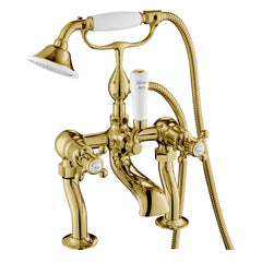 Traditional Deck-Mounted Bath Mixer Tap with Shower Kit - Polished Gold