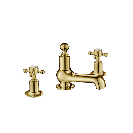 Traditional Deck Mounted 3 Hole Basin Tap with Crosshead Handles - Gold 1200