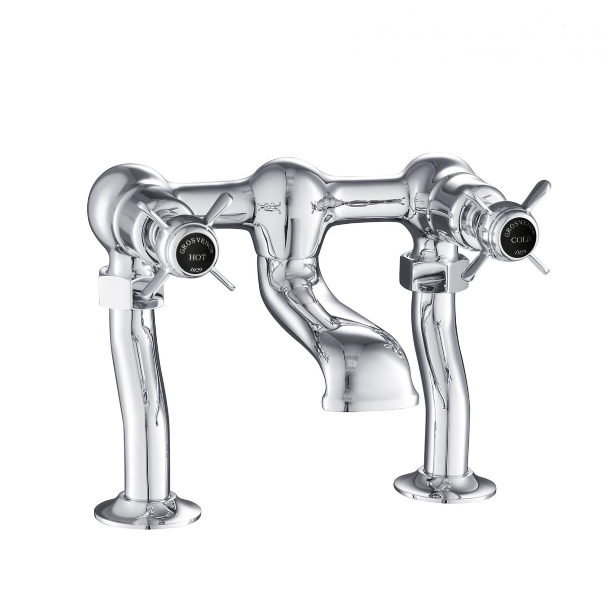 Traditional Deck Mounted Bath Filler with Black Pinch Handles