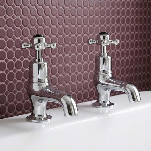 Traditional Deck Mounted Bath Pillar Taps with Black Crosshead Handles 1200