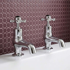 Traditional Deck Mounted Bath Pillar Taps with Black Crosshead Handles
