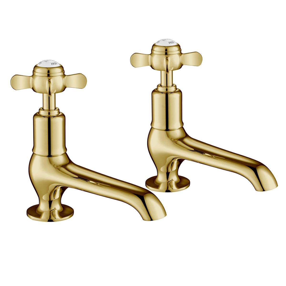 Traditional Deck Mounted Long Nose Basin Taps Pinch Handles - Polished Gold