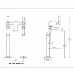 Traditional Floorstanding Lever Bath Tap with Shower Kit - Nickel technical details 