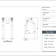 Traditional Freestanding Bath Filler with Black Pinch Handles - Chrome technical details 