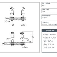 Traditional Pinch Bath Taps - Polished Gold technical details