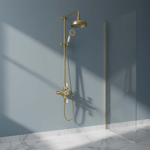 Traditional Rigid Riser with Exposed Valve, 200mm Shower Head and  Handshower  - Brushed Brass