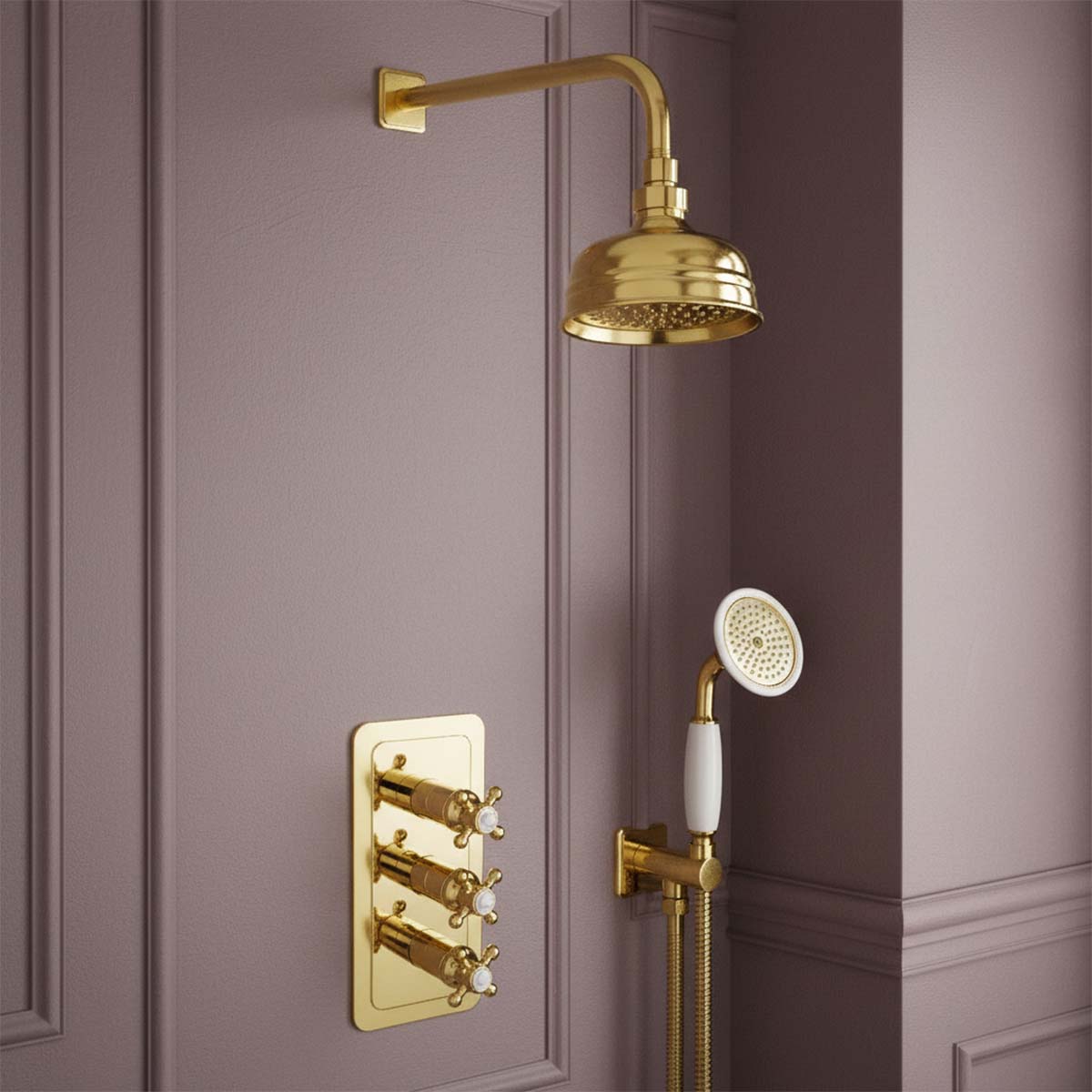 Traditional Shower Head 125mm with Round Shower Arm 400mm - Polished Gold