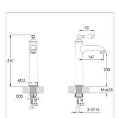 Traditional Tall Single Lever Basin Tap with Ceramic Handle – technical details