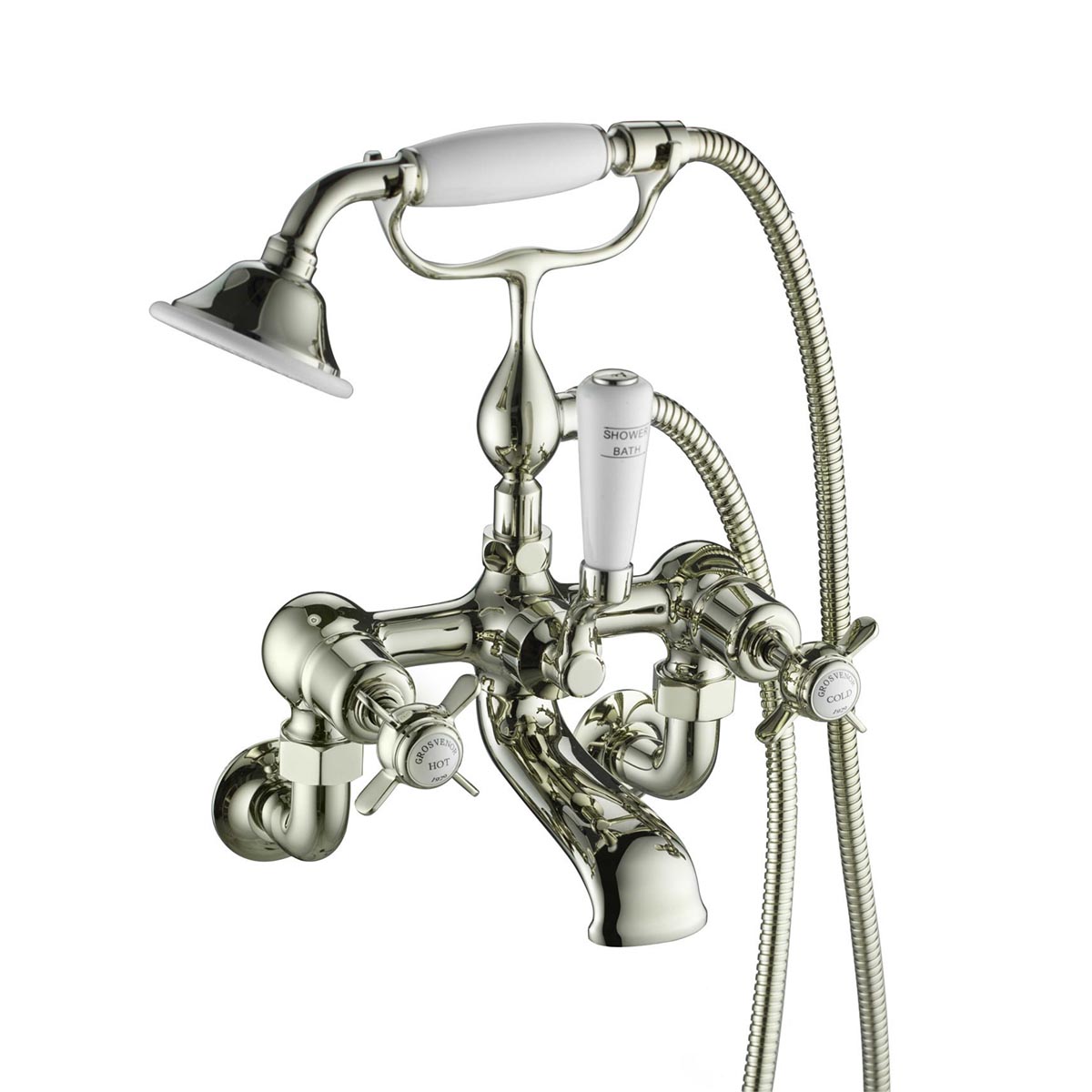 Traditional Wall Mounted Bath Shower Mixer Pinch Handles - Brushed Nickel