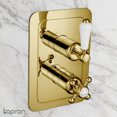 Traditional thermostatic 2 outlet shower mixer valve gold