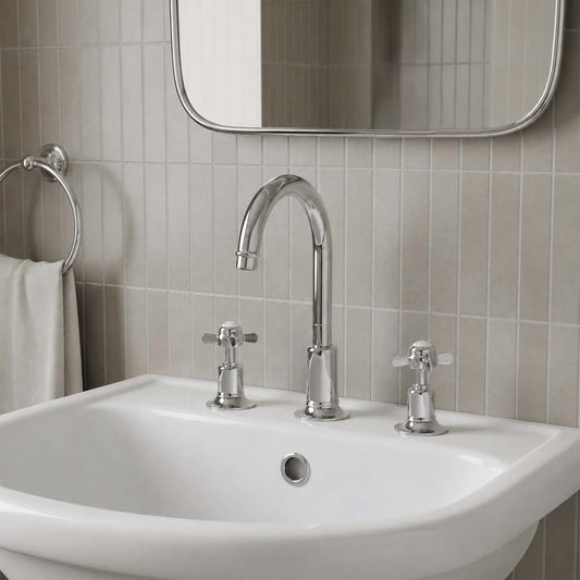 Traditional three-hole bathroom faucet set with a polished chrome gooseneck spout and two matching crosshead handles 1200