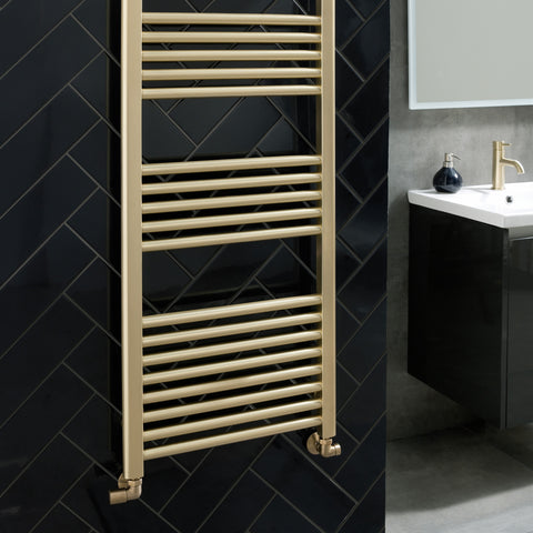 Dual Fuel Brushed Brass Heated Towel Rail 1200mm x 500mm with Angled Radiator Valve