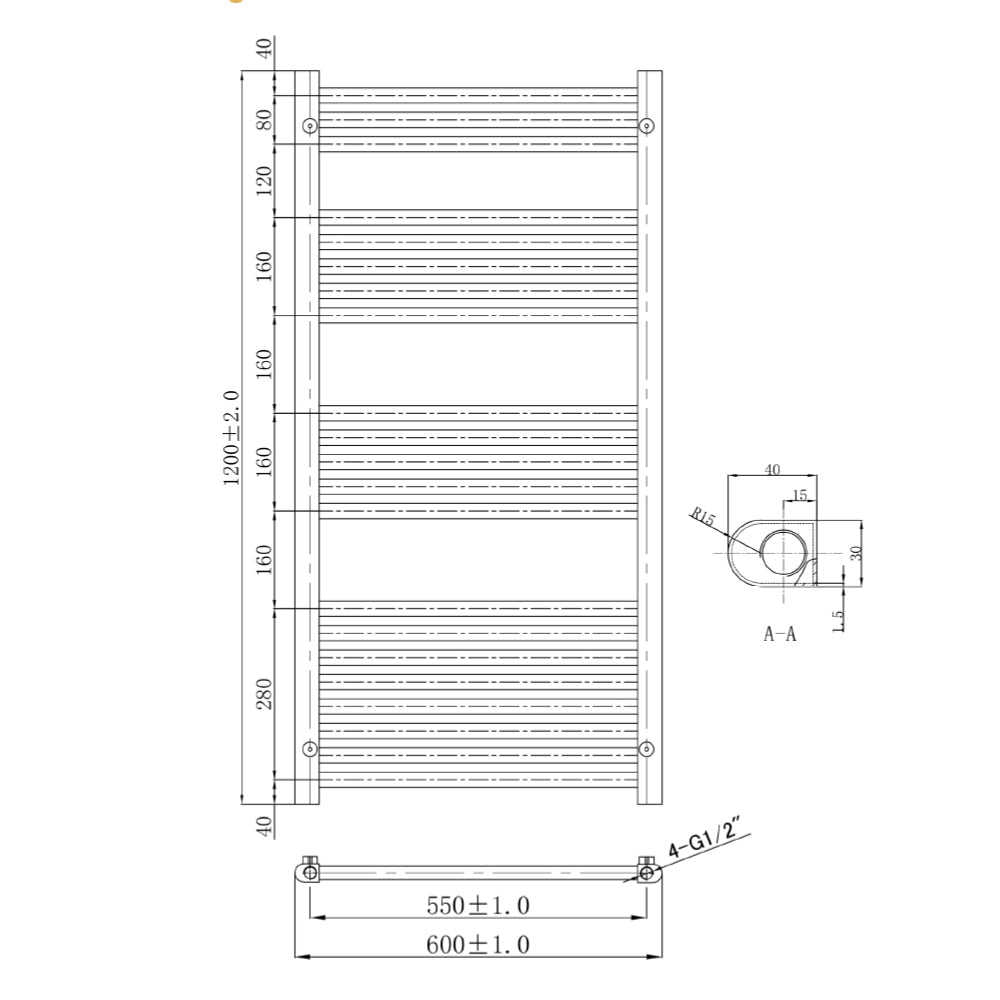 Towel Rail Brushed Black Technical Drawing