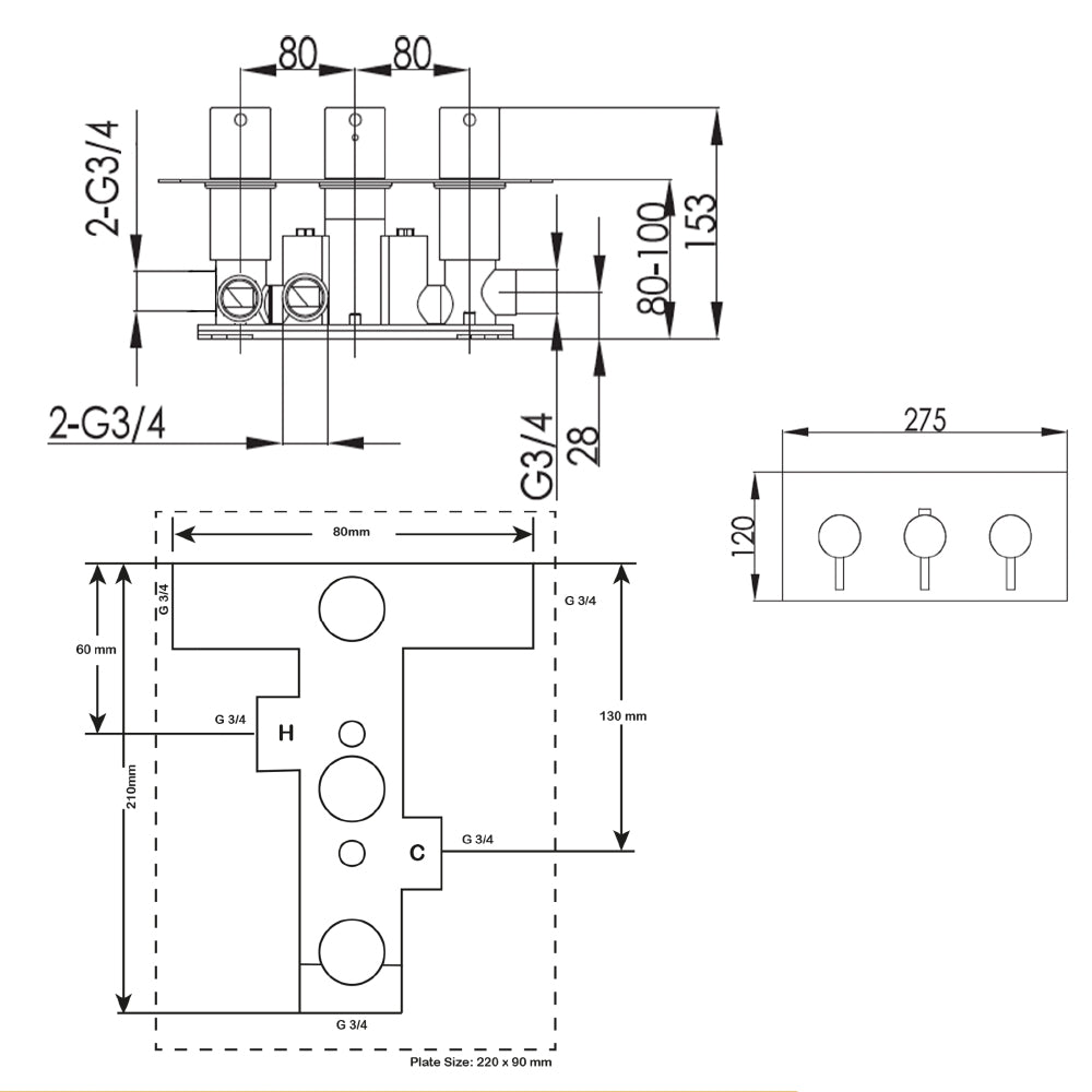 Shower Valve with Designer Handle - Matt Black Technical Drawing