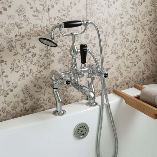 Victorian bath tap with shower handset pinch handles  1200