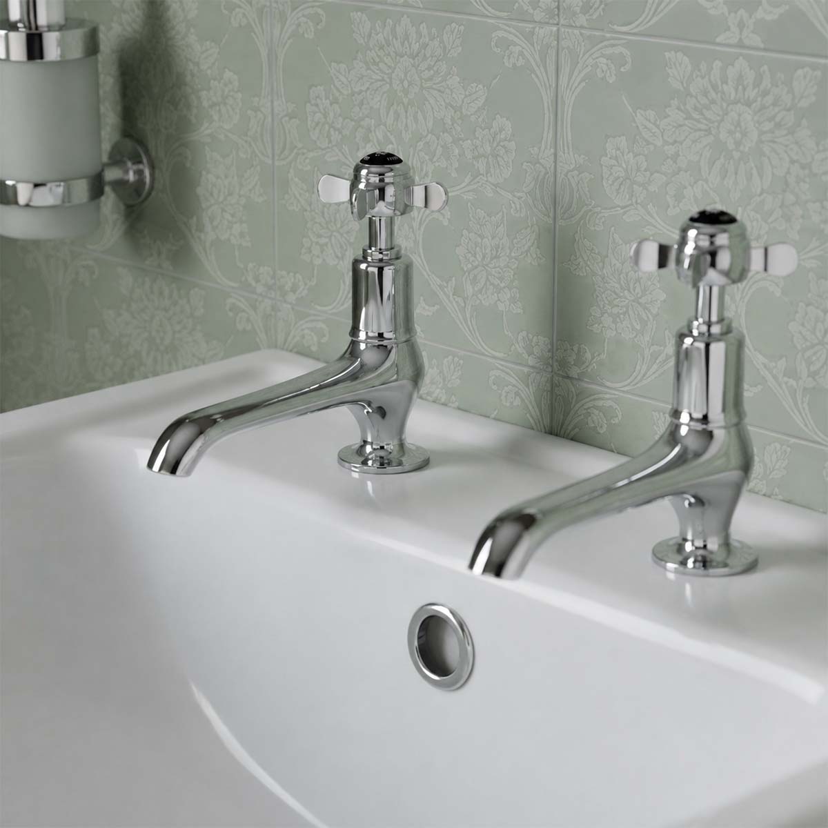 Victorian long spout pillar taps deck mounted - chrome with crosshead handles 