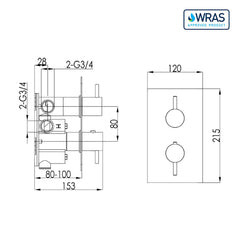 Vertical thermostatic shower  valve - Technical drawing