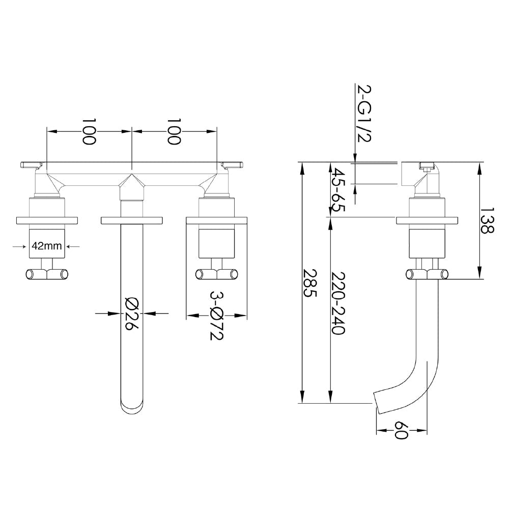 3 Hole Wall Mounted Basin Mixer technical drawings