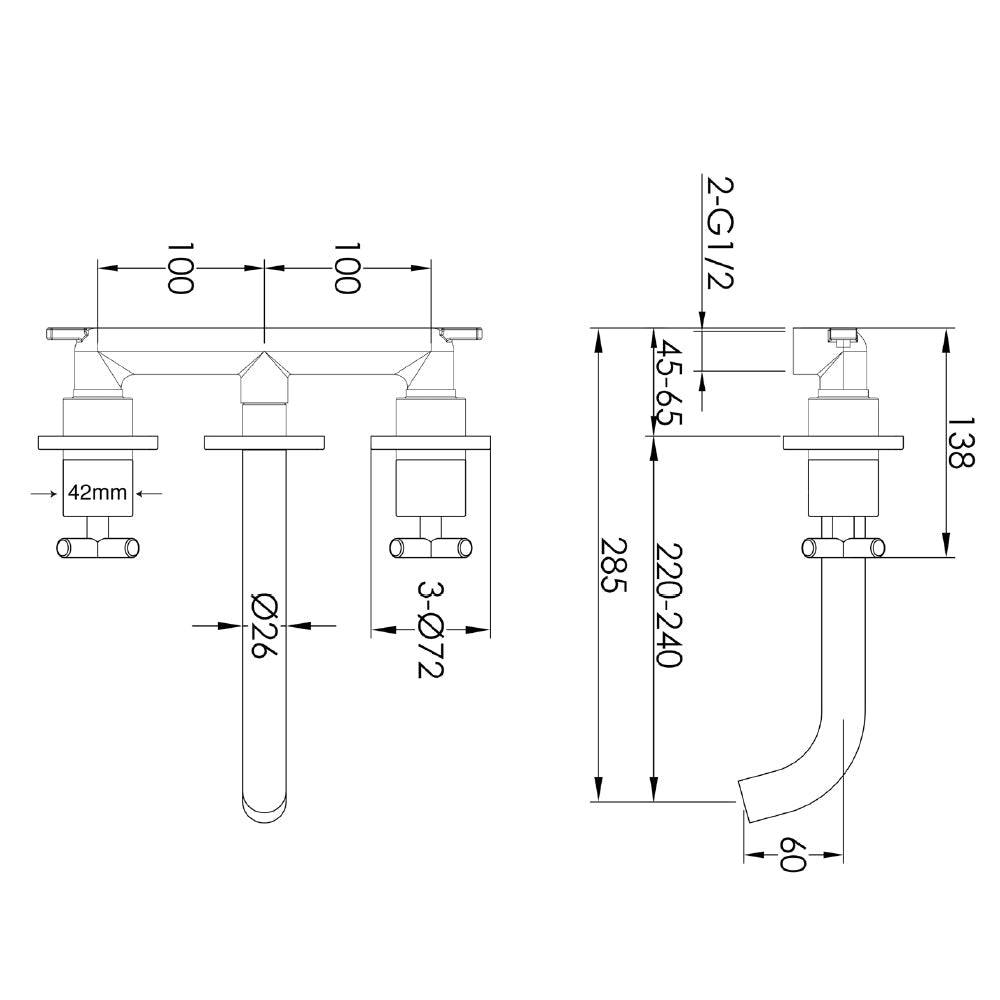 3 Hole Wall Mounted Basin Mixer Tap - Tapron