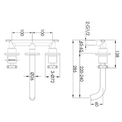 Modern 3 Hole Wall Mounted Basin Tap - Technical Drawing