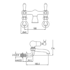 Victorian bath filler tap - Technical drawing