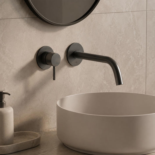 Wall Mounted Single Lever Brushed Black Basin Mixer with 250mm Spout 1200