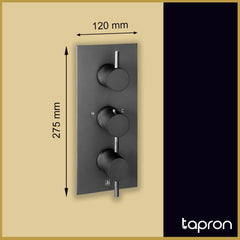 Matt Black Thermostatic Concealed 3 Outlet Shower Valve, Vertical - Dimension
