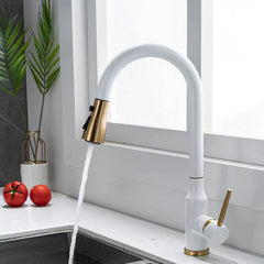 White and gold kitchen tap with pull out spray