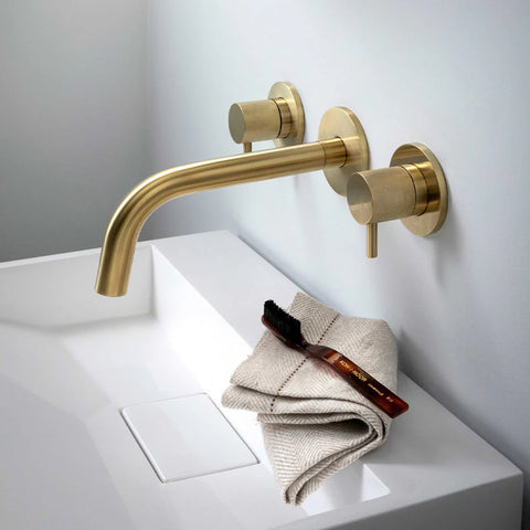 Brushed Brass Wall Mounted Basin Mixer Tap with Designer Stop Valves