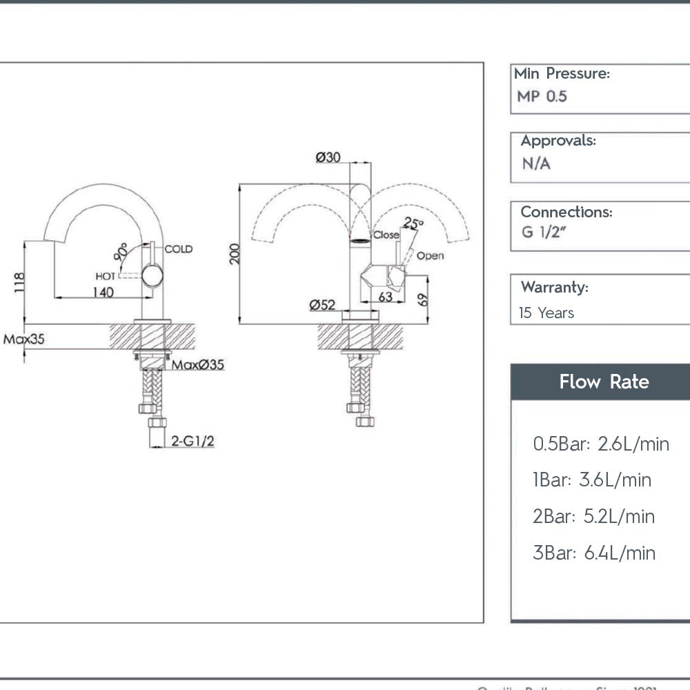 Bronze basin mixer tap - Technical drawing