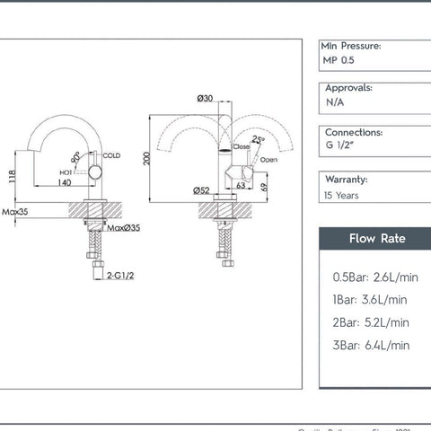 Bronze basin mixer tap - Technical drawing