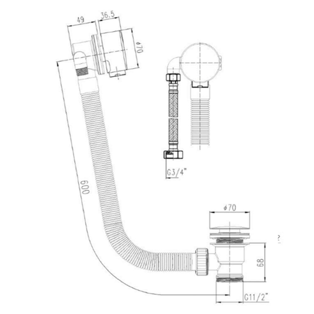 brushed brass waste and overflow clicker technical drawing-tapron