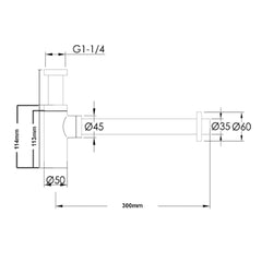Matt black bottle trap - Technical drawing