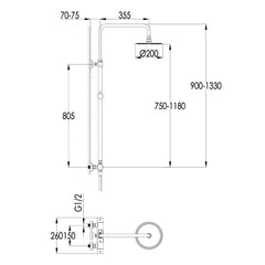 Shower riser rail kit - Technical drawing